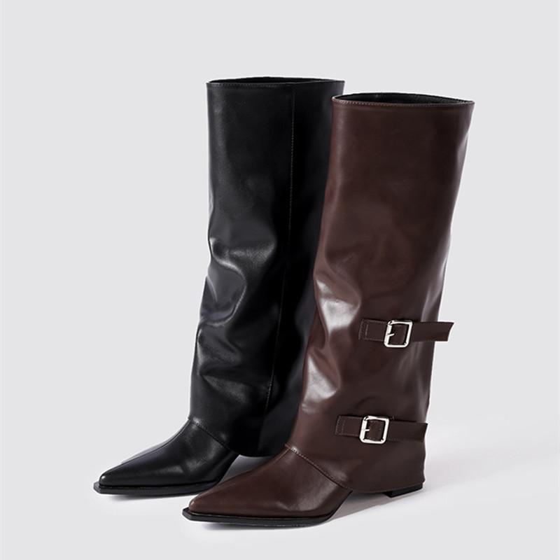 Mode Herbst Winter Weiches Leder Lässige Damen Kniehohe Stiefel Modische Gürtelschnalle Hohe Absätze Gothic Damen Schaft Lange Stiefeletten Schuhe