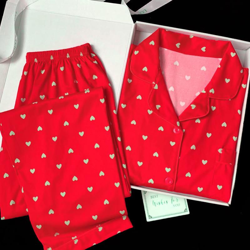 

Праздничная красная пижама с длинным рукавом с принтом «love girl» весенне-осенняя, из имитации хлопка, домашняя одежда, повседневный комплект с брюками 2XL [recommended 130-75kg]