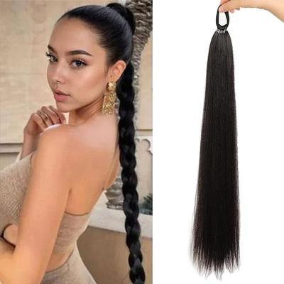 Women's Yaki Long Straight Synthetic Boxing Braid Ponytail Rubber Band Hair Loop Easy To Wear, Suitable for All Girls