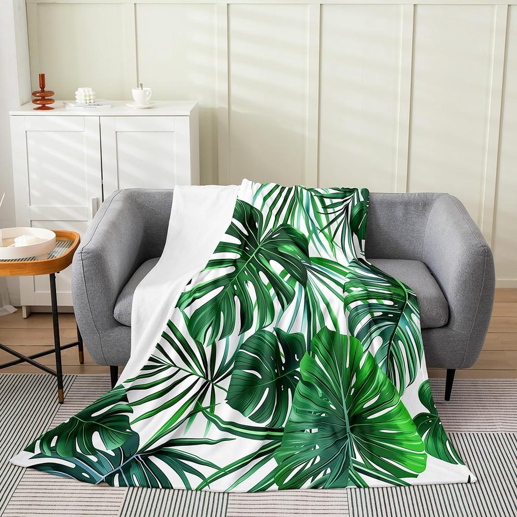 Green Leaves Plant Flannel Throw Blanket All Season Warm King Queen Size Super Soft Lightweight Blanket for Bed Living Room Sofa