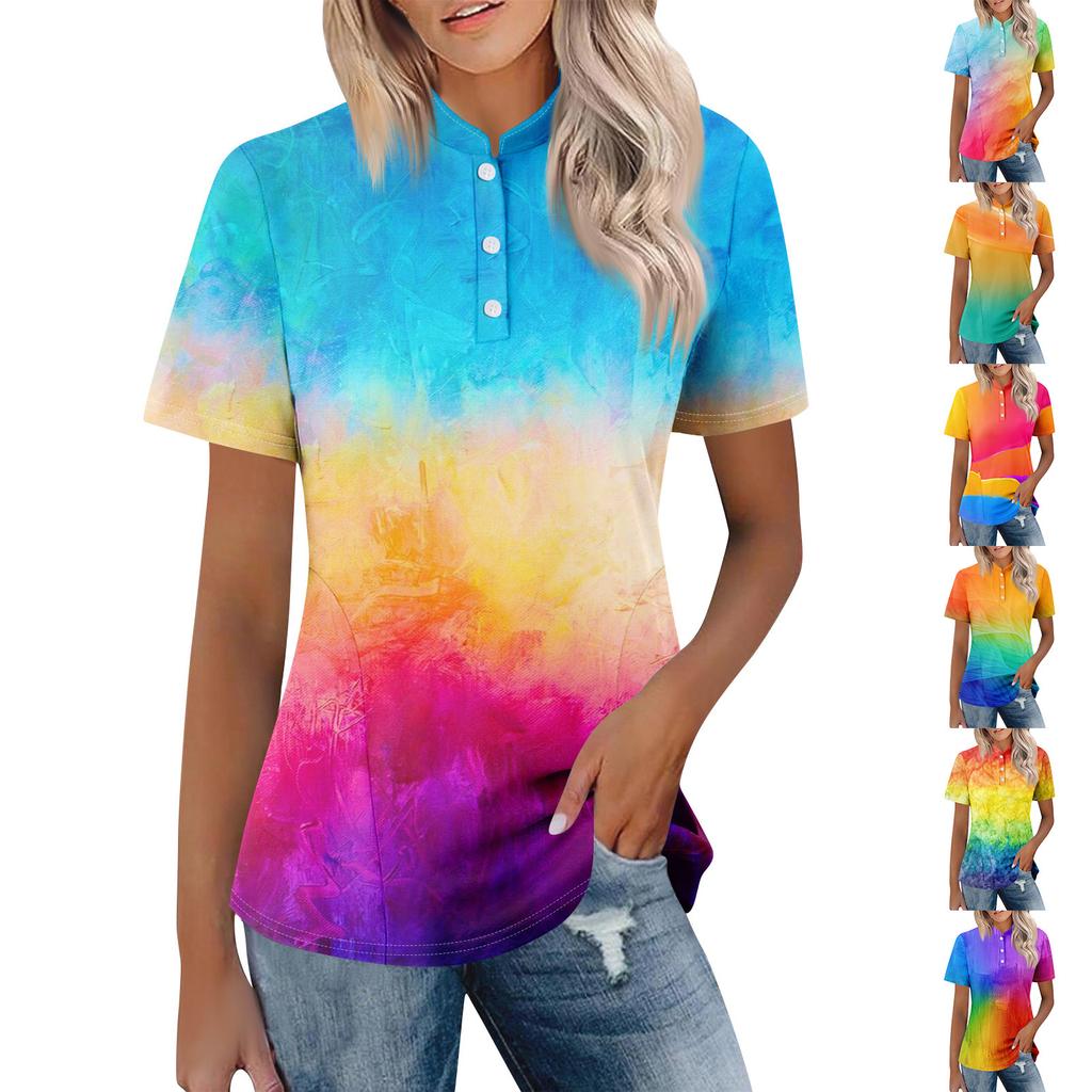 Women's Casual Floral Print V-Neck Short Sleeve Decorative Button T-Shirt Top