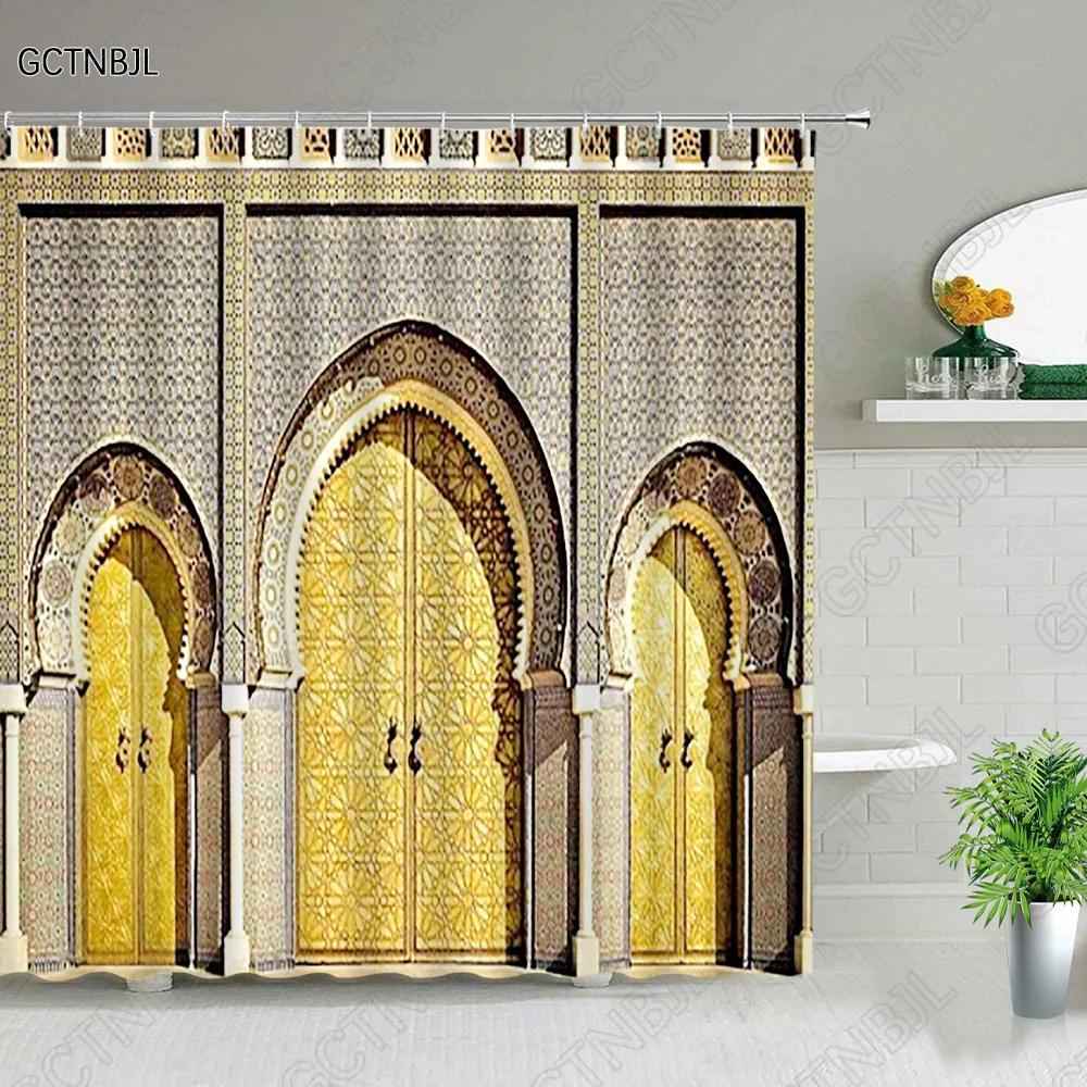 Moroccan Yellow Antique Arched Doors Shower Curtains Old Vintage Wooden Door Bathroom Waterproof Fabric Bath Curtains With Hooks
