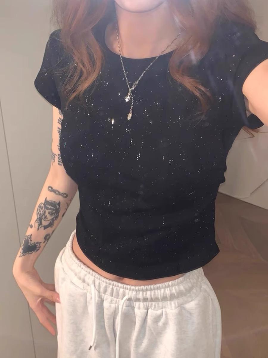 

Корейский стиль Острая девушка Стразы Приталенная футболка с коротким рукавом L Premium чёрный