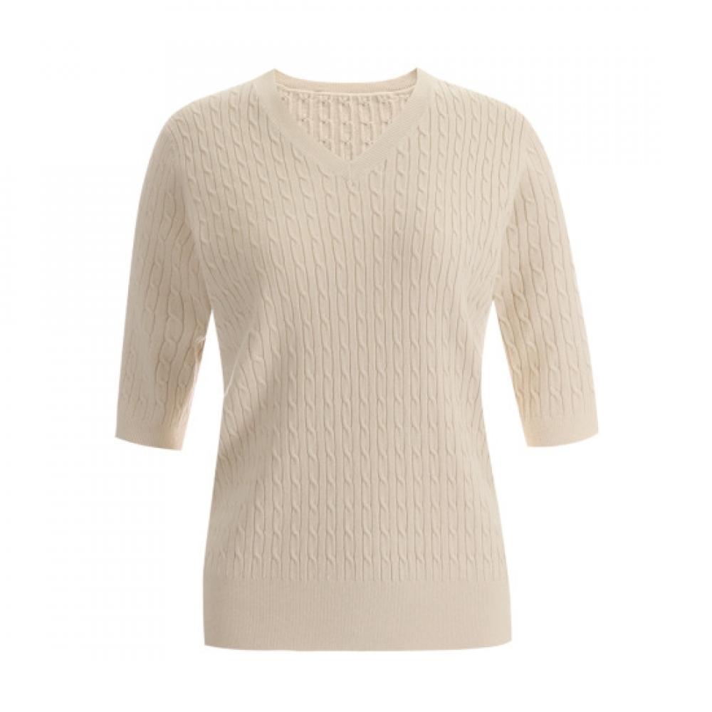 Shop Women V Neck Basic Cable Cashmere ShorT sleeVe KniT T shirT Beige Frb Wkn