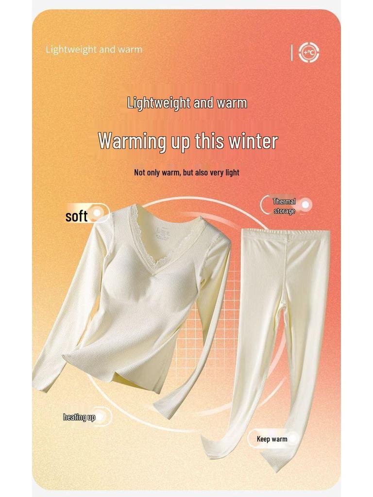 Women's Cashmere Silk Warm Set with Built-In Bra, Plus Velvet, Autumn/Winter 2025 Style, Base Layer Top Innerwear