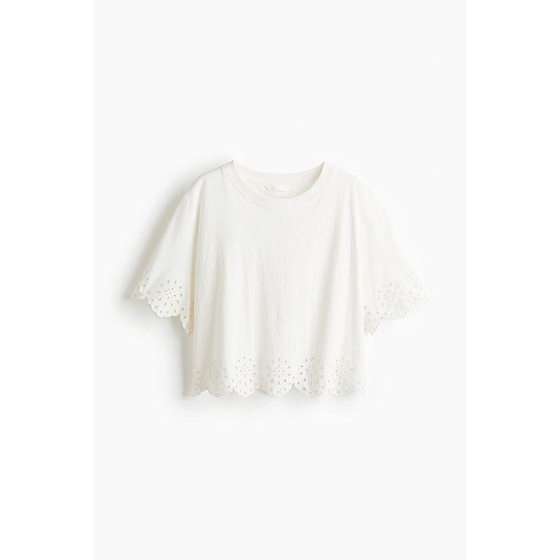 

HM Women s T-shirt 2025 Summer New Arrival Fashion Casual Cotton Short Sleeve Minimalist Cut Out Embroider T-shirt 1300516 White 175/116