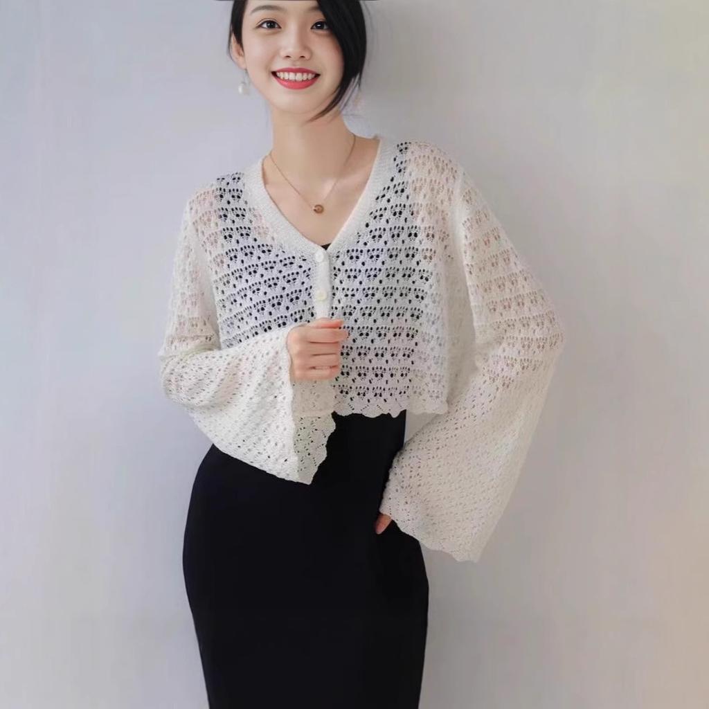 Female Hollow V-neck Knitted Cardigan Thin Cover Long Sleeved Solid Color Top Fashionable