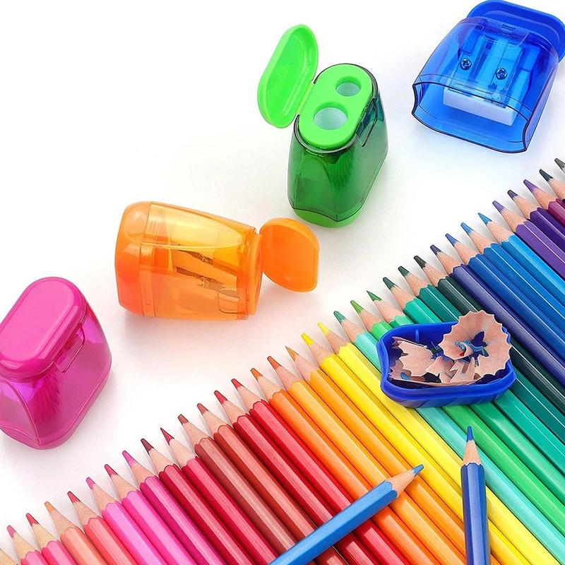 4PCS Dual-Hole Pencil Sharpeners With Lid And Shavings Container Portable Manual Sharpener Set For Colored Pencils