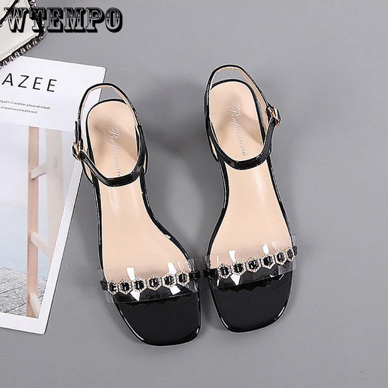 Women's Fashion High Heel Sandals Summer Leather Low Heel Simple Sexy Square Head Fairy Wind Sandals | Sequins Rhinestones A Buckle | PU Material