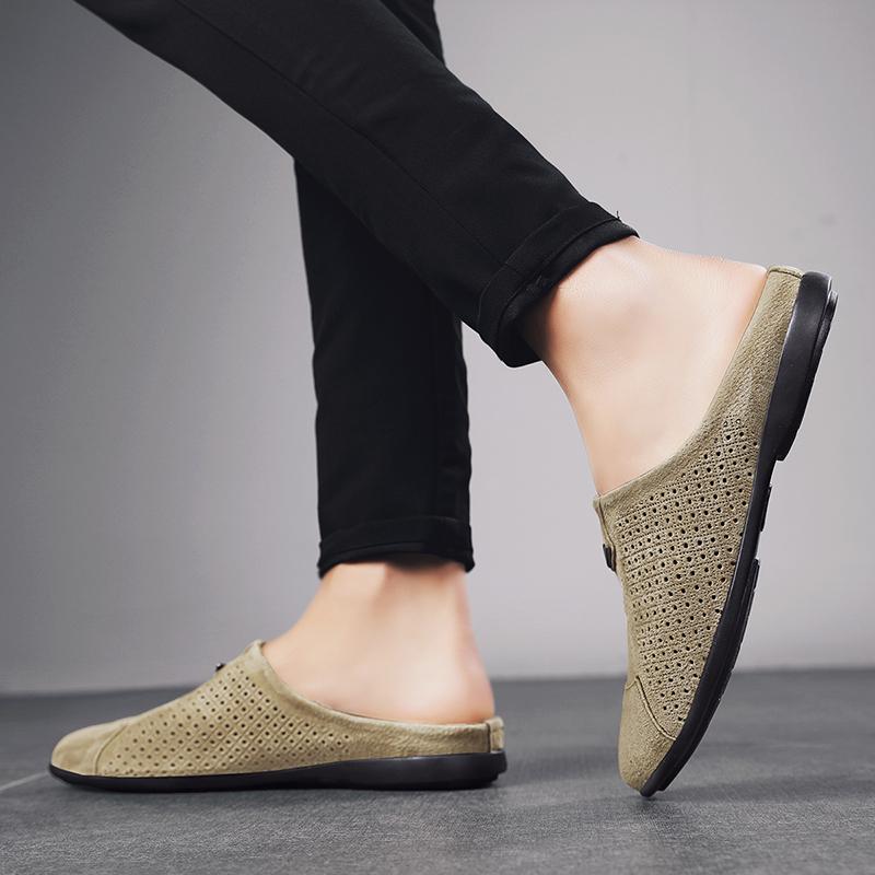 Fashion New Hollow Out Loafers Male Slip On Shoes Leather Casual Half Shoes for Men Breathable Men's Slippers Summer Designer Man Shoes