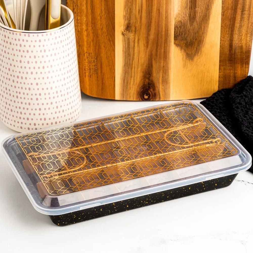 Nonstick Brownie Pan Set 3 Piece Baking Pan with Removable Divider Snap On Lid Perfect Portions Easy Baking and Storage