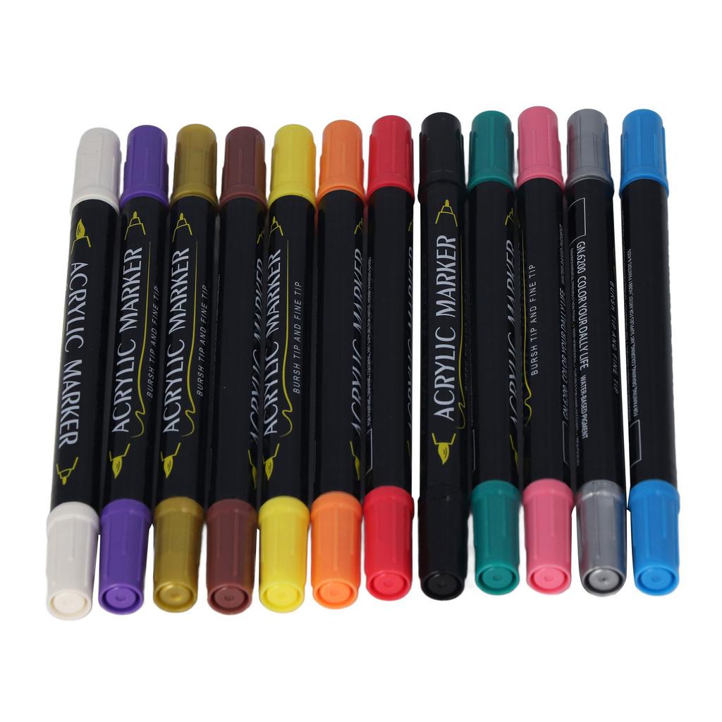 12Pcs Acrylic Paint Pens Double Ended Rapid Drying Strong Covering Waterproof 12 Color Paint Markers
