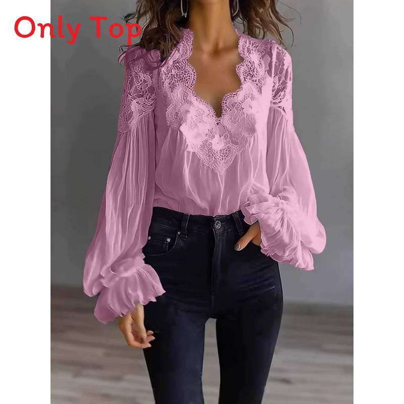 Elegante Spitzen-Patch-Bluse mit Puffärmeln und Falten-Design für Büro und Freizeit