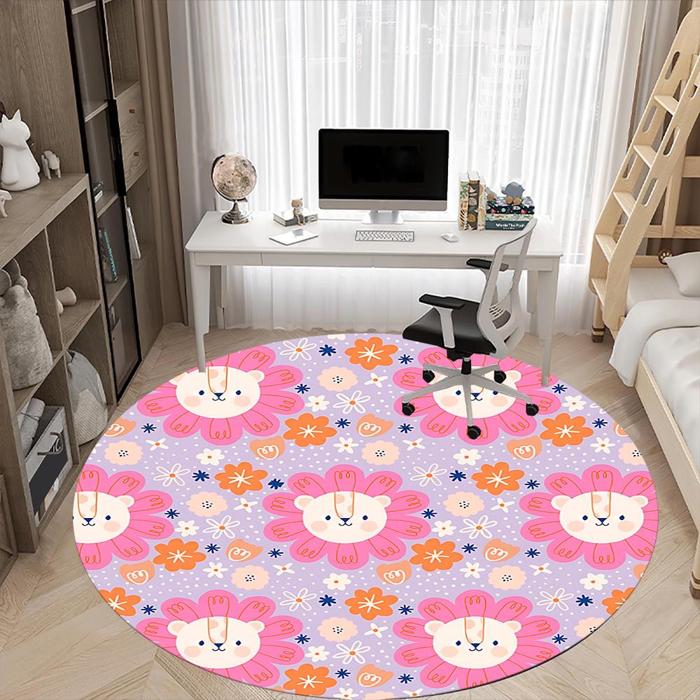 1PC Floral Lions Office Round Area Rug, Mat Suitable ForOffice, Under Office Chairs Bedroom Living Room Home Decor, Room Deco