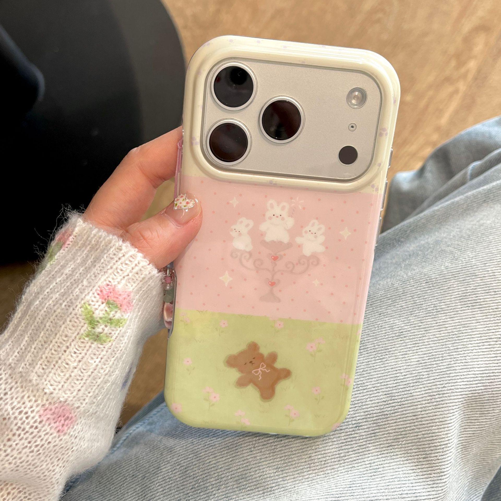 

Girly Floral Rabbit Bear iPhone 17 Pro Max Case with Chain iPhone 15 Pro Max