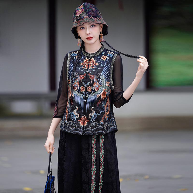 

2025 Ethnic Style Women s Sleeveless Embroidered Floral Vest Cardigan L чёрный