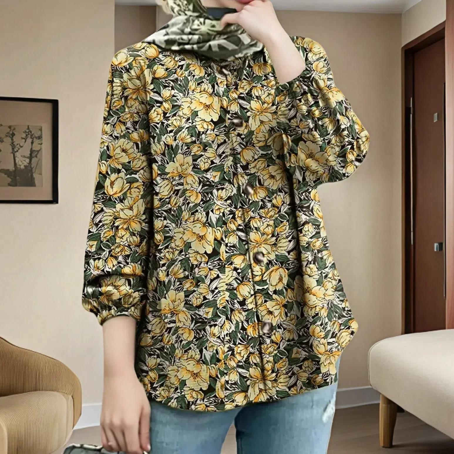 

GMXIA Женская мусульманская принтовая свободная модная рубашка с пышными рукавами и волнистым узором XXXXL