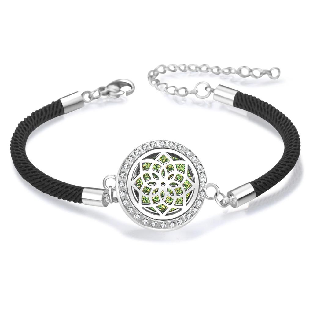 Diamond Inlaid Aroma Diffuser Bracelet: Adjustable Black Rope Wristband for Women