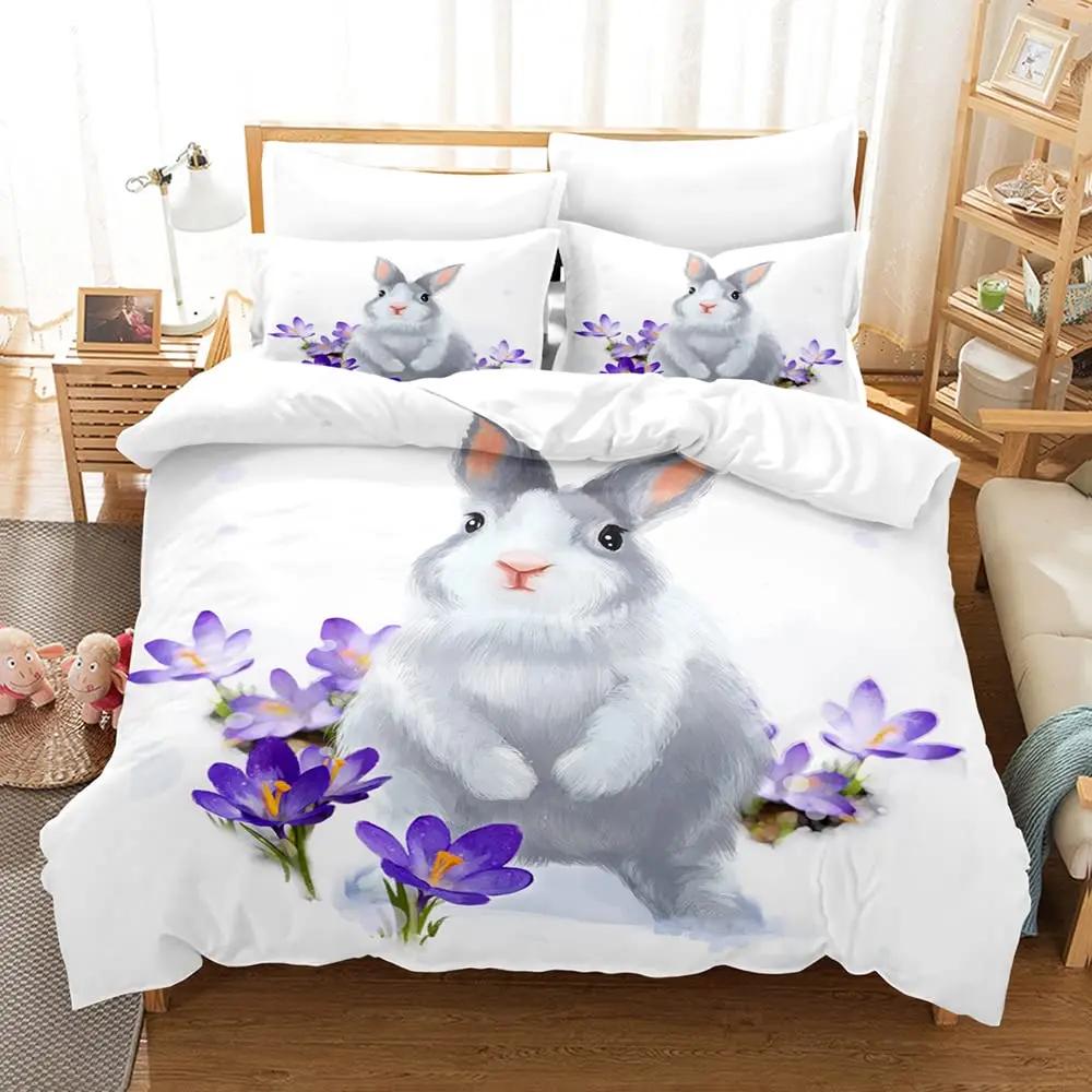 Children Cute Cartoon Bunny Printing Duvet Cover for Kids Girls Boys Rabbit Takes Balloon White Duvet Cover Bedroom Decorations