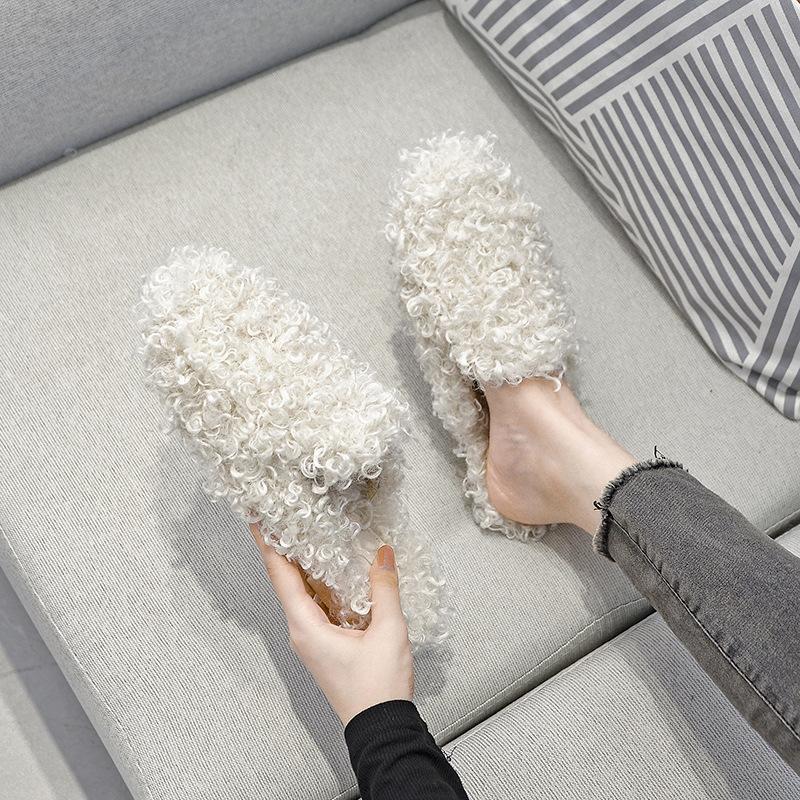 

Fashion Black/white Curly Fur New Slippers Women Flat Heel Round Toe Lambwool Slides Home Shoes Woman Lazy Furry Slippers Big Size 41-44 34