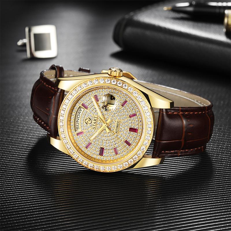 Start Gypsophila-Uhr, modische Herrenuhr, Diamant-Zifferblatt, automatische mechanische Uhr, Lederuhr, wasserdicht, Datums- und Wochenfunktion