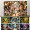 Dreamy Fairy Tale Forest Background, Natural Jungle Forest Wonderland Magic House, Children Birthday Party Photography Backdrop