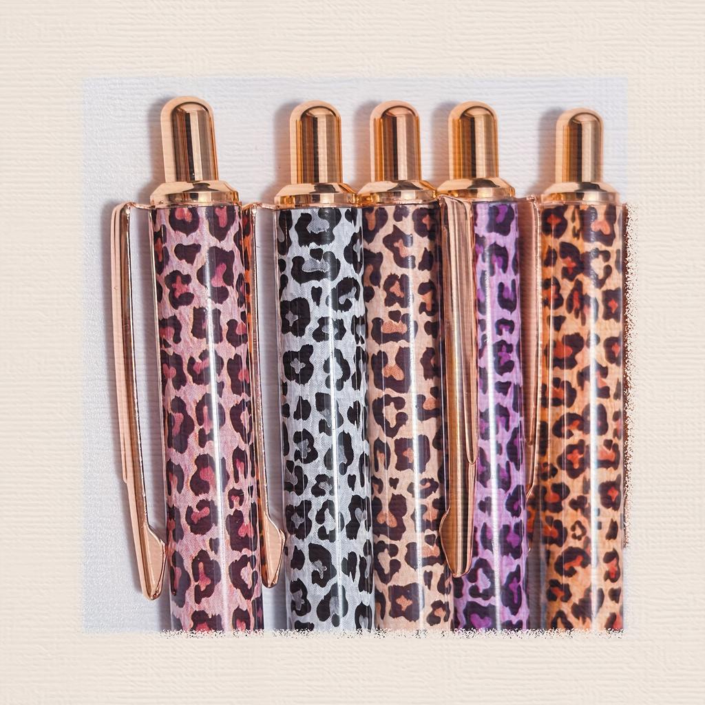 Multi-Color Options Heat Transfer Leopard Pattern Round Gel Pen Cute Leopard Pressed Colorful Hot Stamping Flower Film Metal Pen