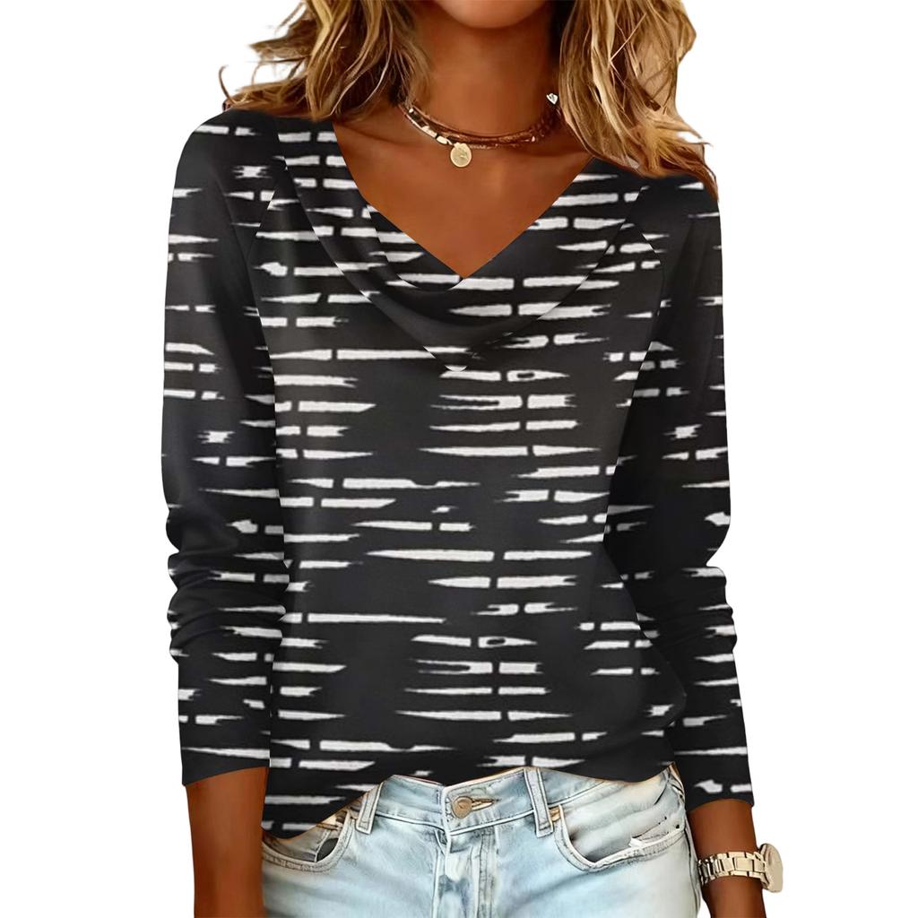 Ladies' Striped Printed Casual and Fashionable Long Sleeved Pullover Top
