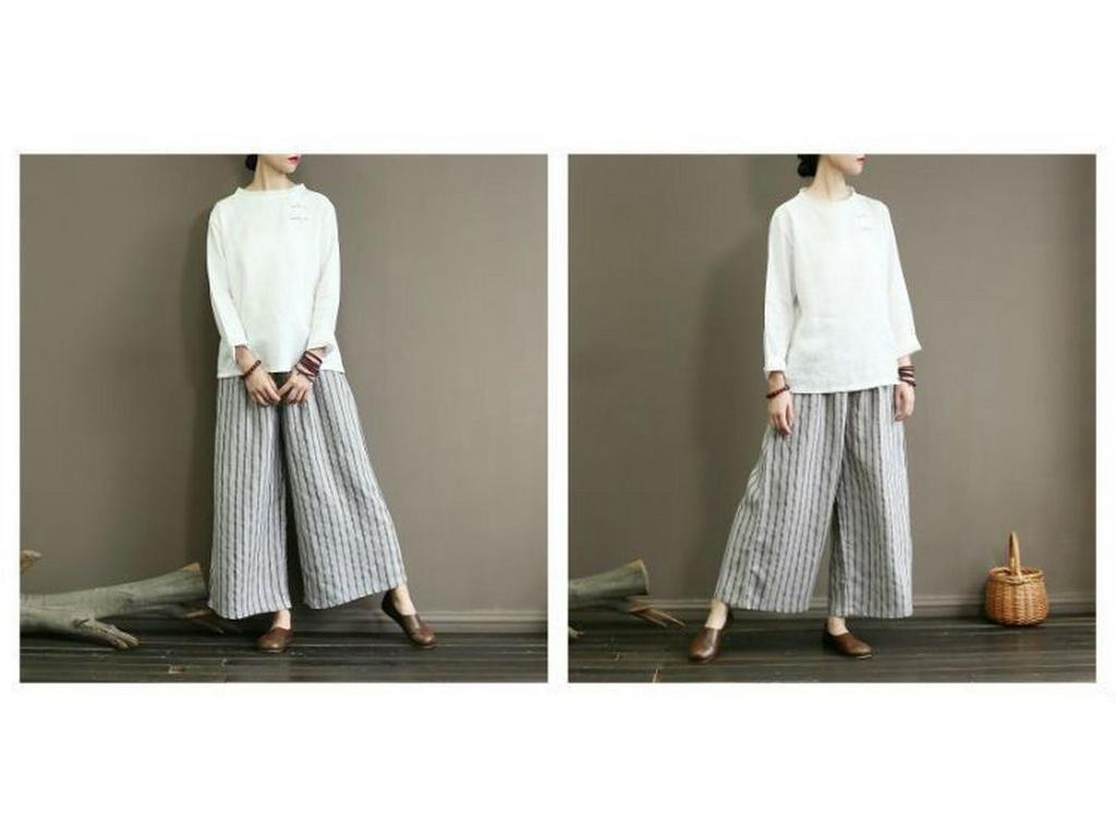 2023 Retro Cotton Linen Striped Wide-Leg Women's Slimming Cropped Pants - Japanese Style Summer Casual Wear
