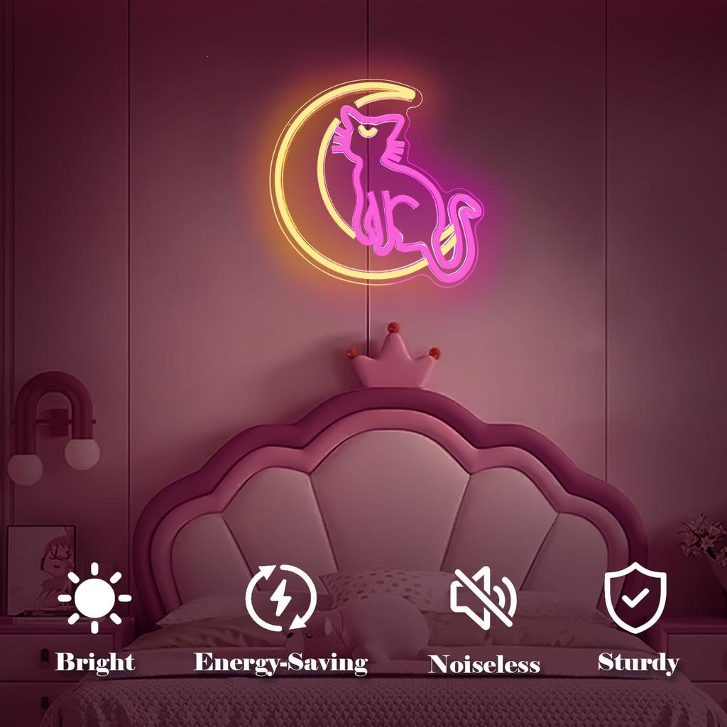 Japanese Anime Cat Neon Signs Dimmable Cartoon Luna Neon Lights Moon Cat Neon Light Sign Cute Led Signs for Bedroom Wall Girls Room Dorm Birthday