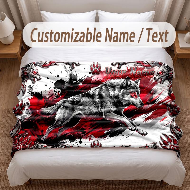 Wolf Theme Soft Blanket Personalized Custom Name Text Print Warm Blanket Home Sofa Bedroom Decor