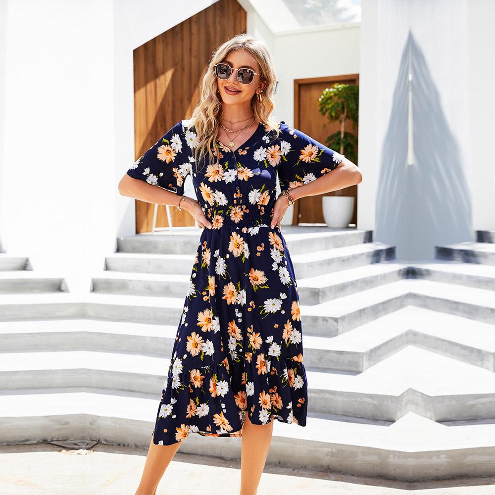 Robes d'été chics pour femmes, col en V, manches à volants, taille haute, ligne A, imprimé Floral, S-XXL