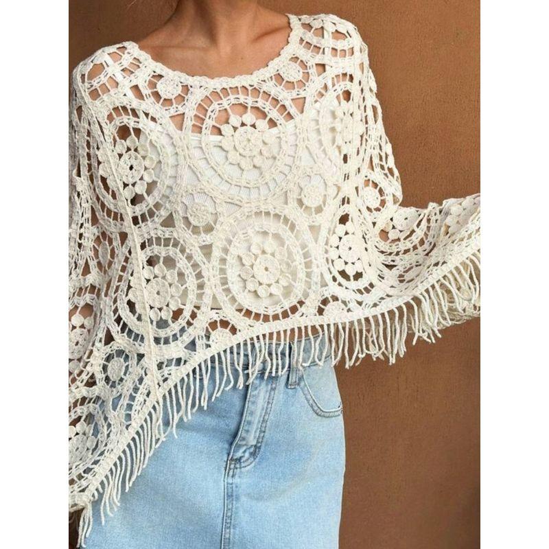 New Arrival Fashion Fashion Round Neck Knitting Crocheted Cut Out Loose Batwing Long Sleeve Blouse Air Conditioning Shirt Sun Protection Clothing