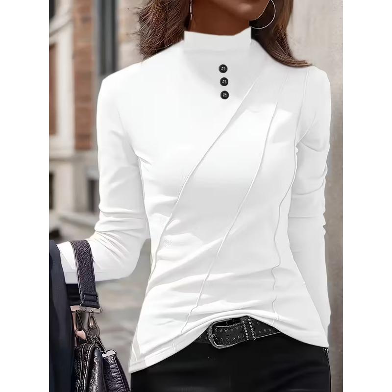 Women s White Ribbed Knit Mock Neck Diagonal Button Ruched Slim Long Sleeve Top S белый