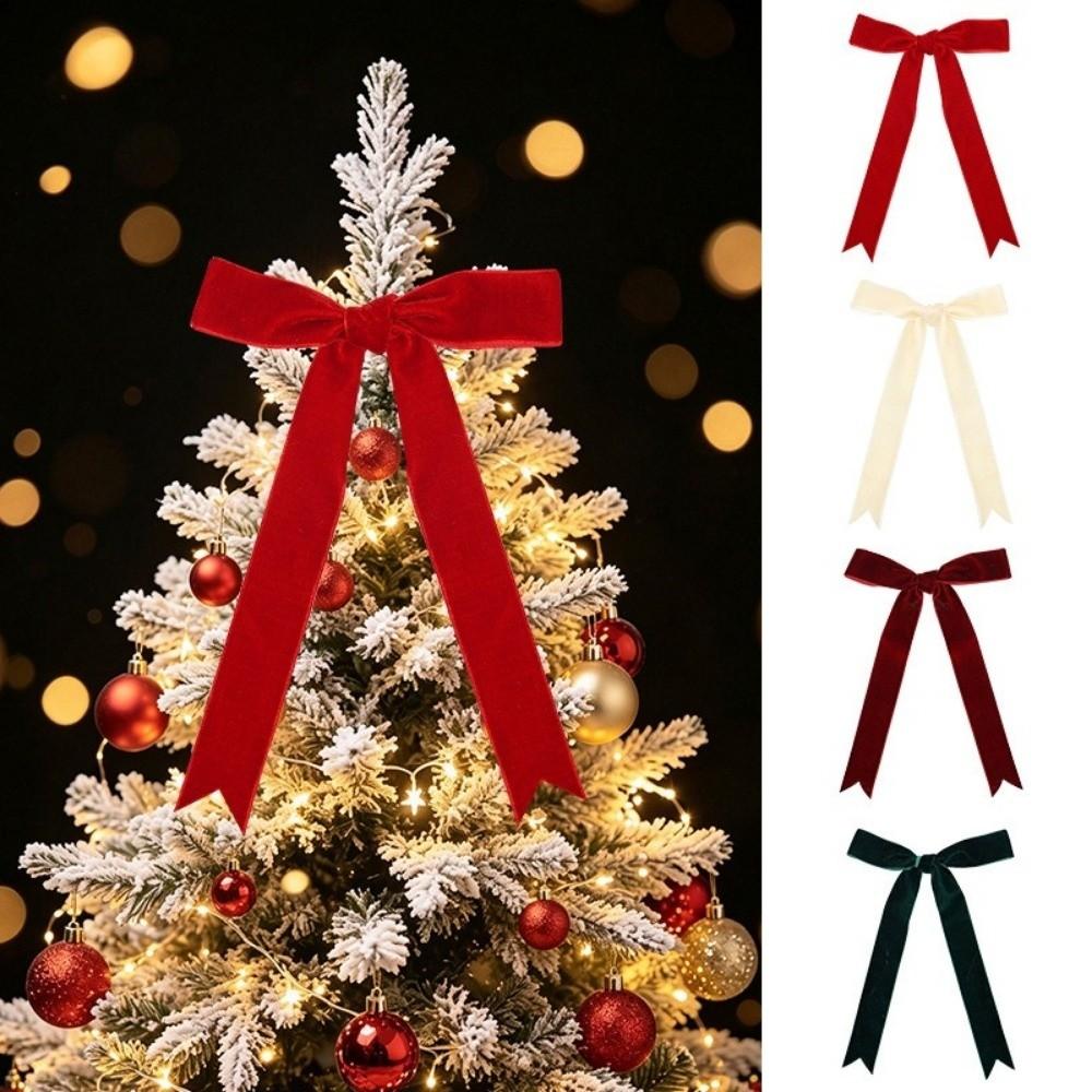 4PCS Long Ribbon Christmas Tree Bows Single/Double Ear Bow Xmas Gift Box Bow Holiday Ornament