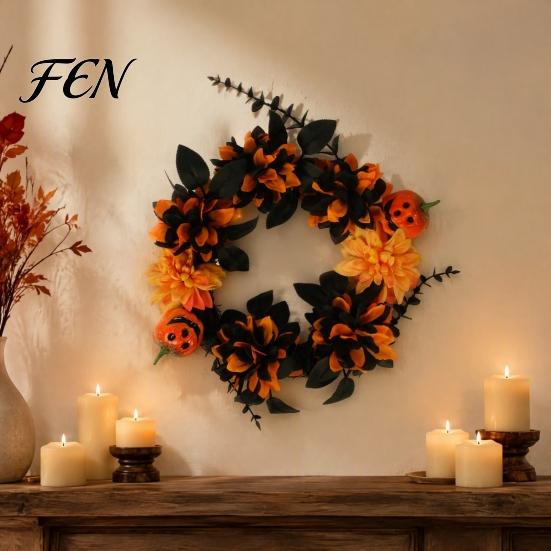 Vintage Dark Aesthetic Party Supplies Halloween Wreath for Front Door, Artificial Fall Maple Leaf Rose Pumpkin Spooky Elegant Holiday Decor