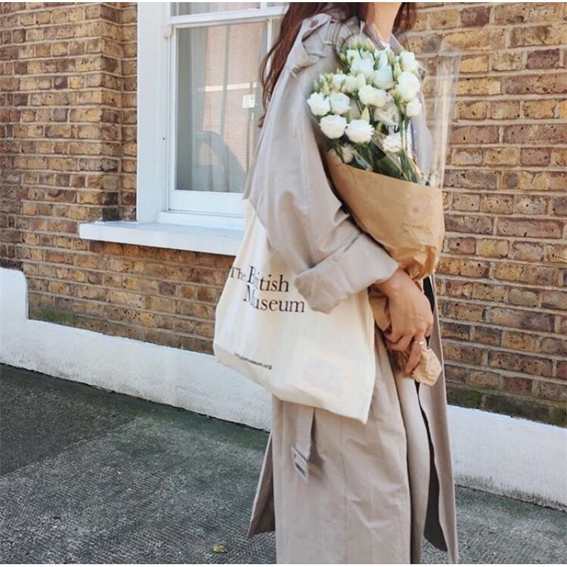 South Korea Ins Style British Museum Letter Print Thin Cotton Grey Cloth Bag Simple All-matching Shoulder