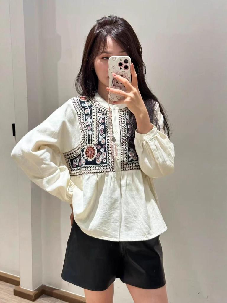 Camicia Larga Ricamata Francese Stile Bohemien con Maniche a Lanterna