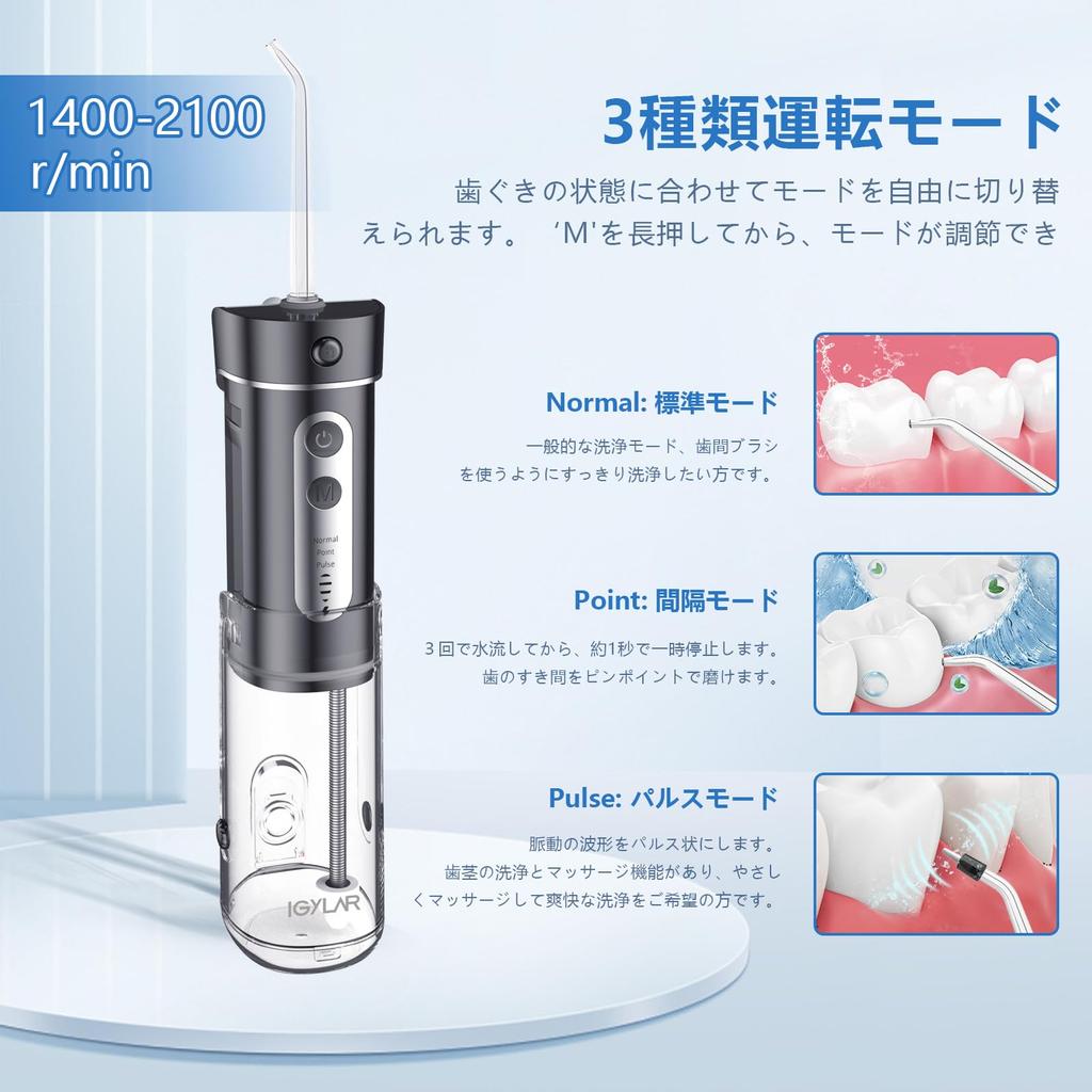 IGYLAR Jet d'eau buccal ultrasonique 3 4 Intensités IPX7 4 Brosses de rechange Pochette de rangement incluse [Garantie 2 ans] Irrigateur, Laveur qualifié par les dentistes,