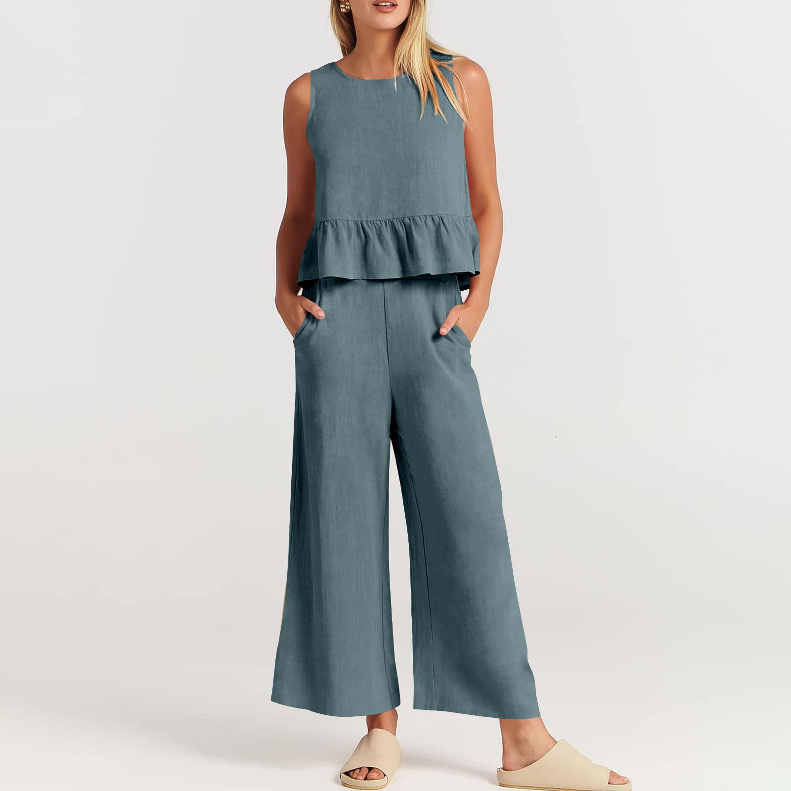 

Women s Summer 2-Piece Set Sleeveless Ruffle Tank Top Cropped Top And Wide-Leg Pants Loun-ge Set With Pockets XXL синий