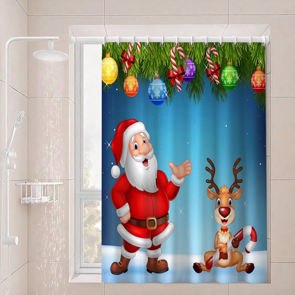 Christmas Santa Claus Shower Curtain Summer Beach Bathroom Decorative Shower Curtain, Waterproof