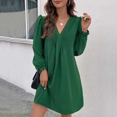 Women's Fashion Spring Fall Solid Color Print Long Sleeve V-Neck Loose Waistline Casual Dresses