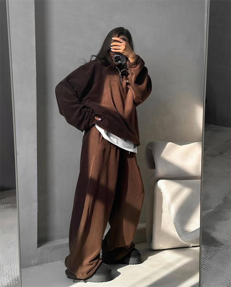 European and American Leisure Sports Suit Solid Color Long-sleeved Half-zipper Lapel Sweater Elastic Wide-leg Pants Two-piece Set Women