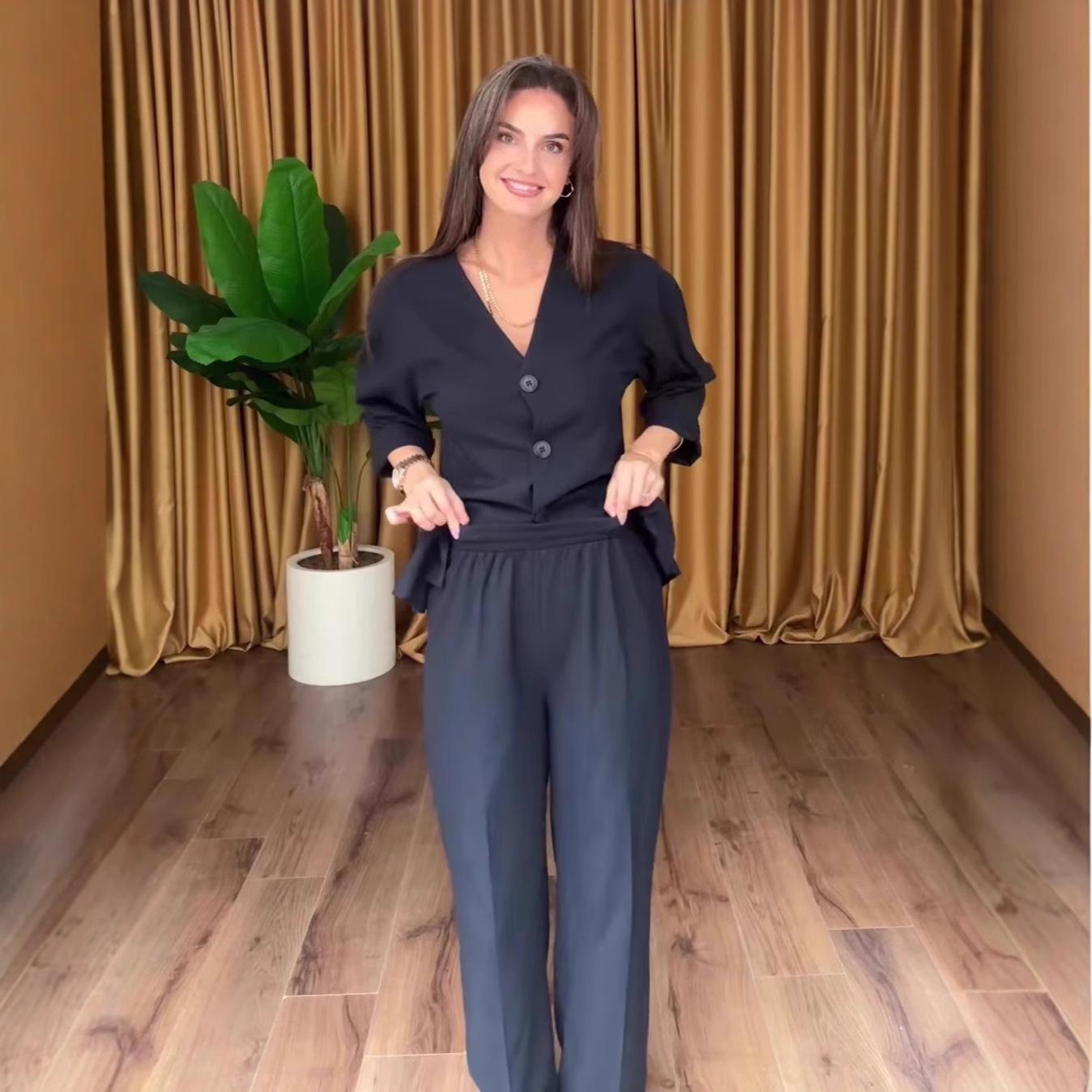 2025 Autumn V-neck Long-sleeve Cardigan & Pants Set M сине серый