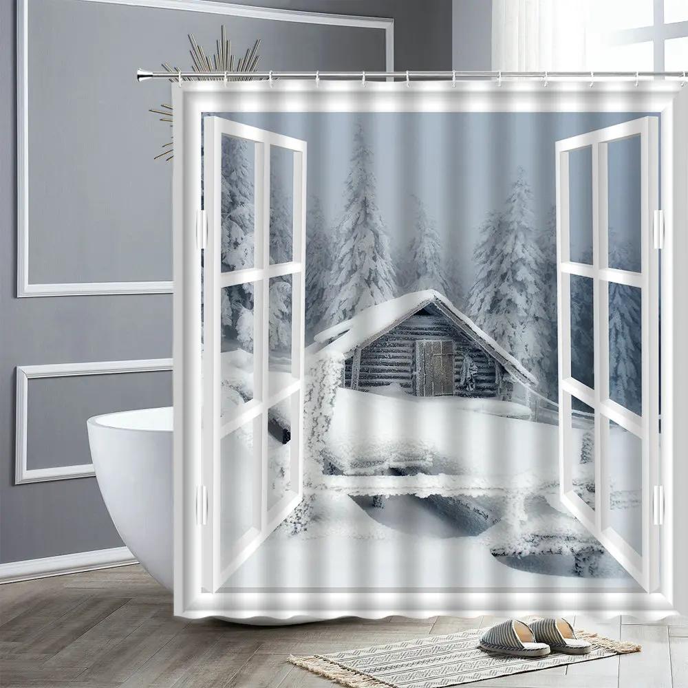 Winter Landscape Shower Curtain Outside The Window Cedar Snow Scene Bathroom Curtain Decor Waterproof Fabric Bathtub Screen