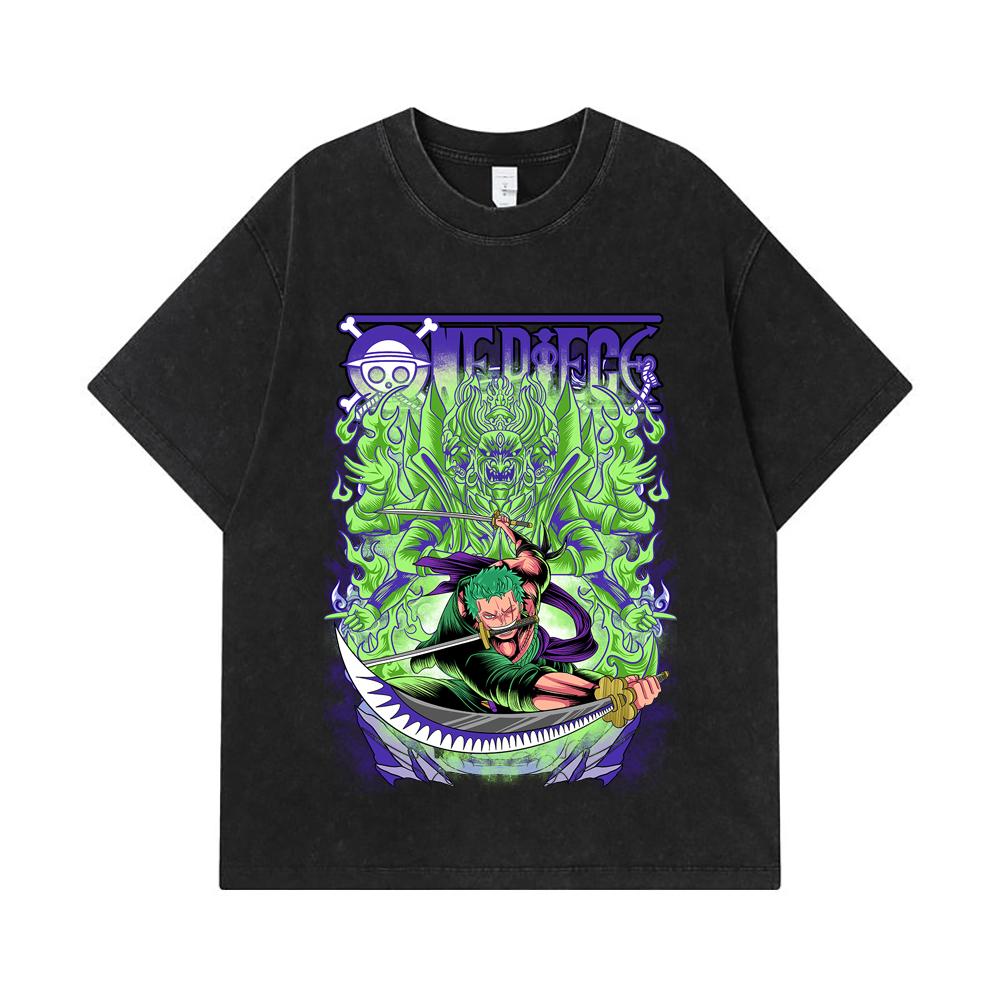 275 GSM Washed T-shirts 100% Cotton One Piece V9 Zoro Print Unisex Heavy Cotton T Shirt