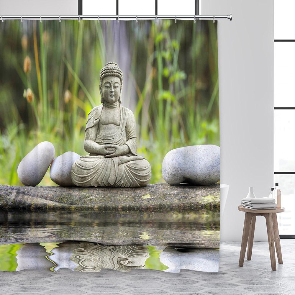 Zen Shower Curtain Green Bamboo Buddha Pink Orchid Lotus Swan Spa Nature Scenery Bathroom Curtains Fabric Home Decor with Hooks