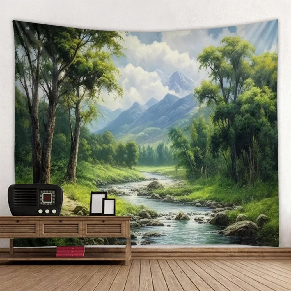 Home Decor Forest Stream Water Wall Hanging Landscape Oil Painting Tapestry Bohemian Art Living Room Bedroom