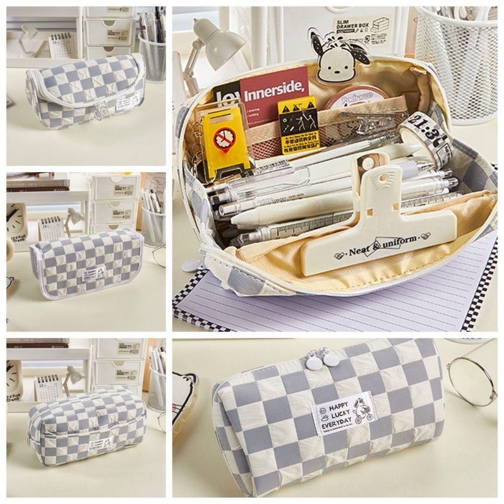 

Zipper Cartoon Dog Checkerboard Pen Bag Puppy Desktop Storage Pouch Student Stationery