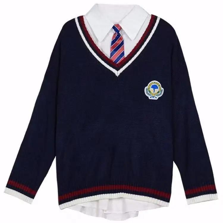 New  Japanese Preppy Pullover JK Sweater Loose Casual Long Sleeves Student Long-sleeved Knit V-neck Pullover School Uniform